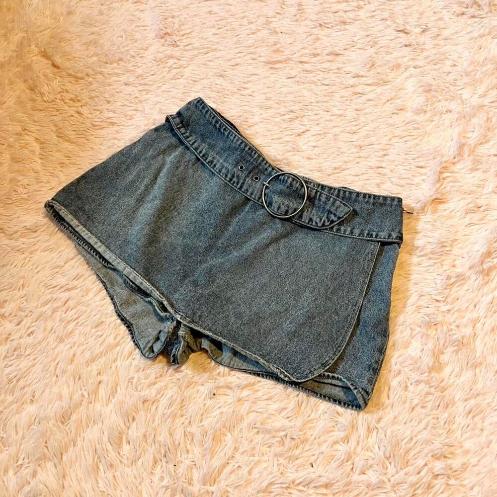 Vintage 90s Grunge Preppy Punk Micro Retro Belt Schoolgirl Low Rise‎ Denim Skort